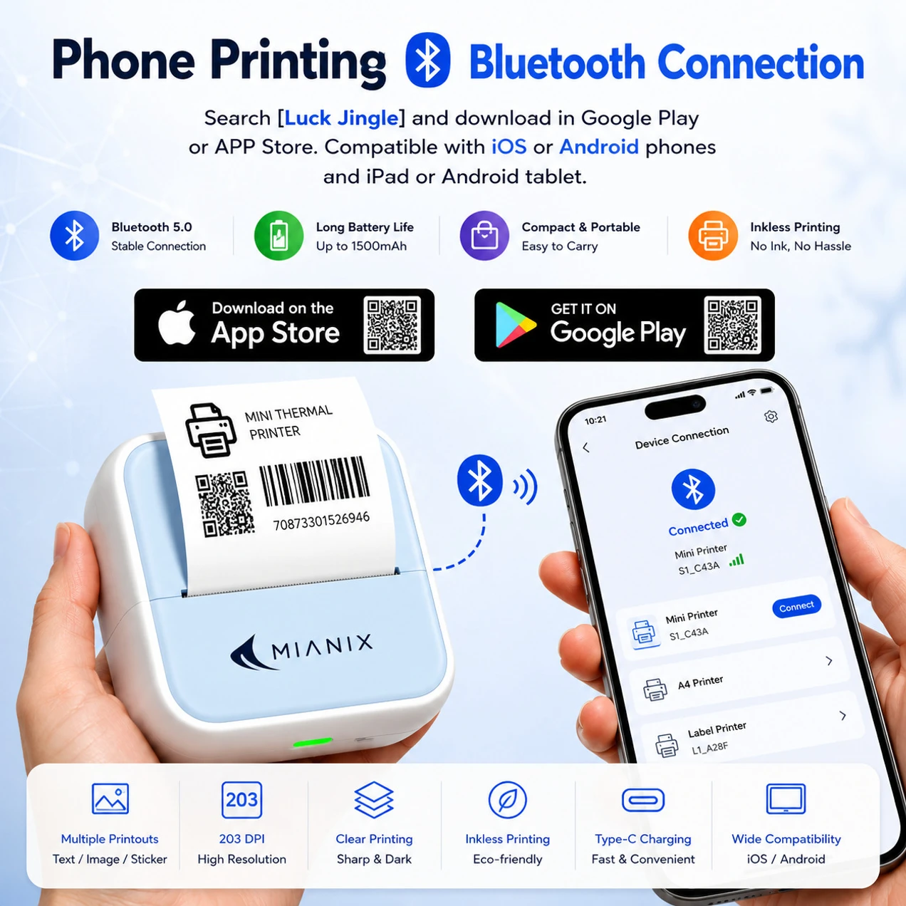 Mianix MX Mini Pocket Printer | Portable Bluetooth Thermal Printer, Inkless Printing