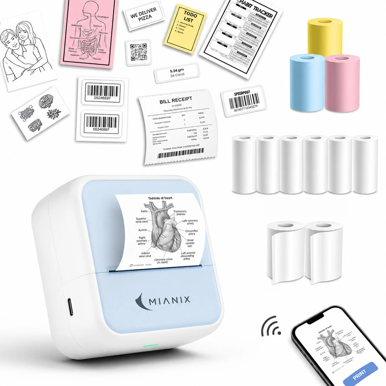 Mianix MX Mini Pocket Printer | Portable Bluetooth Thermal Printer, Inkless Printing