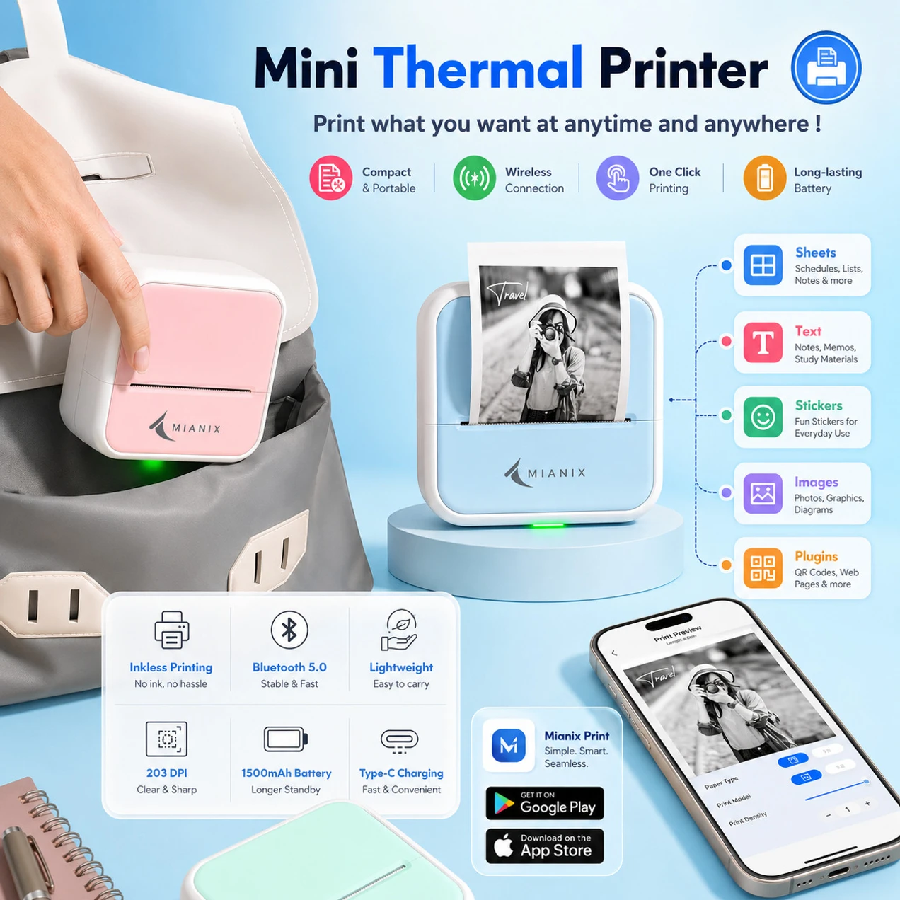 Mianix MX Mini Pocket Printer | Portable Bluetooth Thermal Printer, Inkless Printing