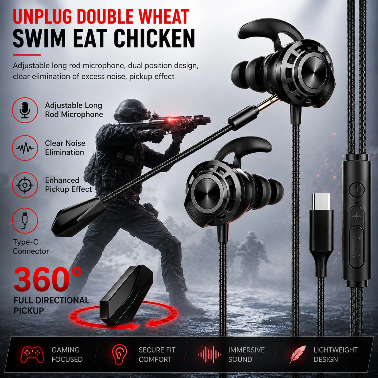 mianix Type C Gaming Earphones with Noise cancellation & Bass Wired Gaming Headset (Black, In the Ear)